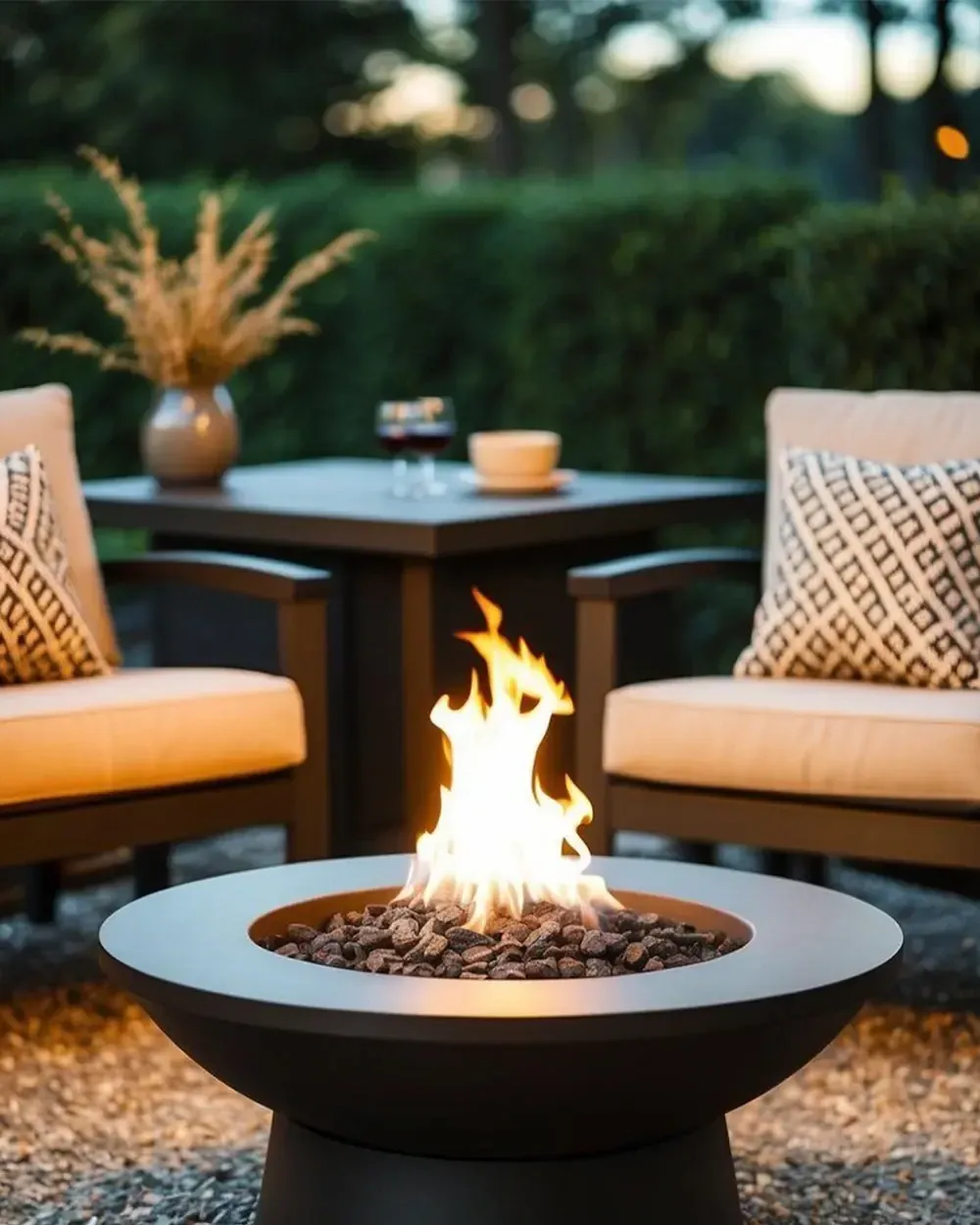Round gas fire pit with a Korflame burner on a garden patio