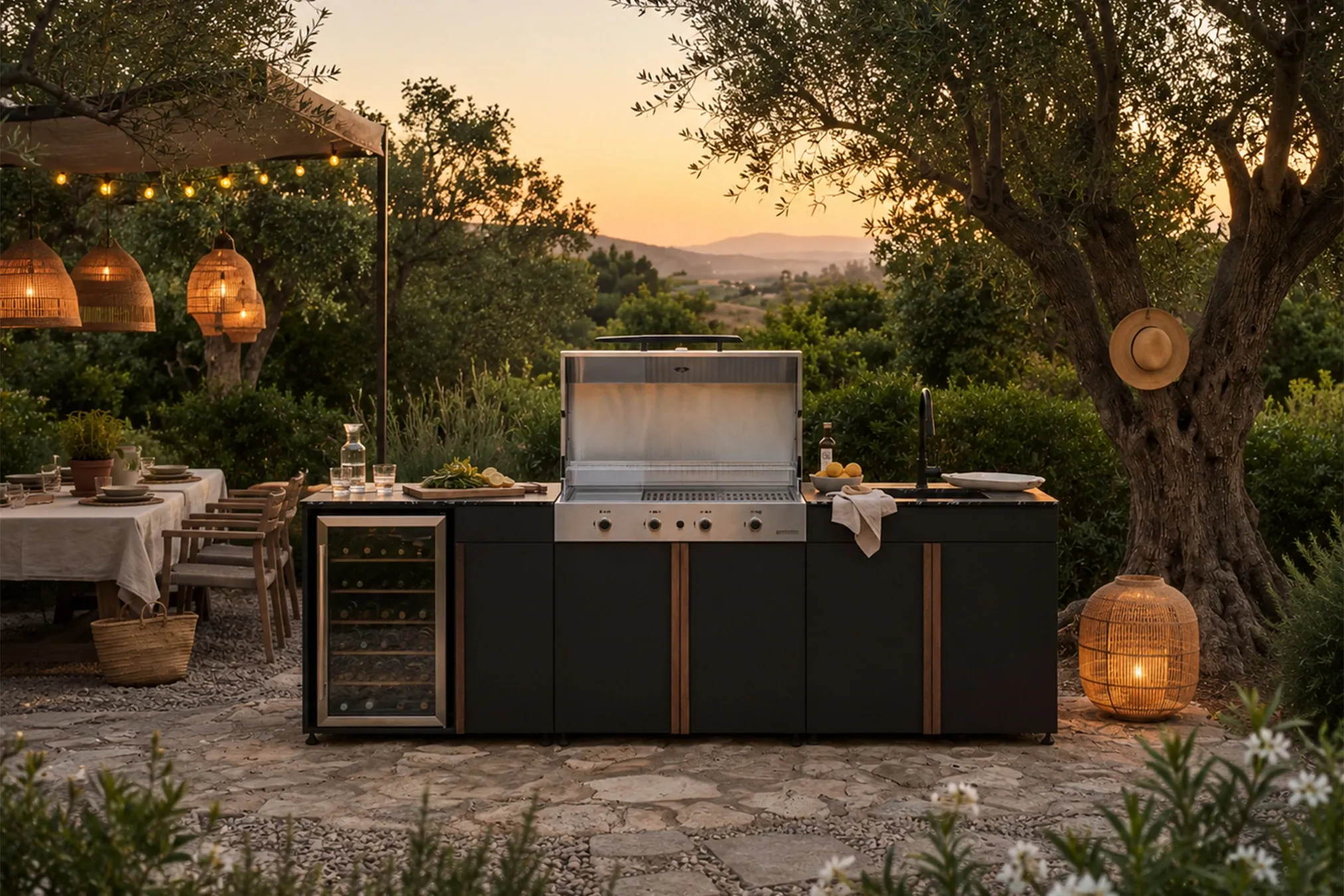 Pure outdoor kitchen with wine cooler and gas grill in an olive garden at dusk